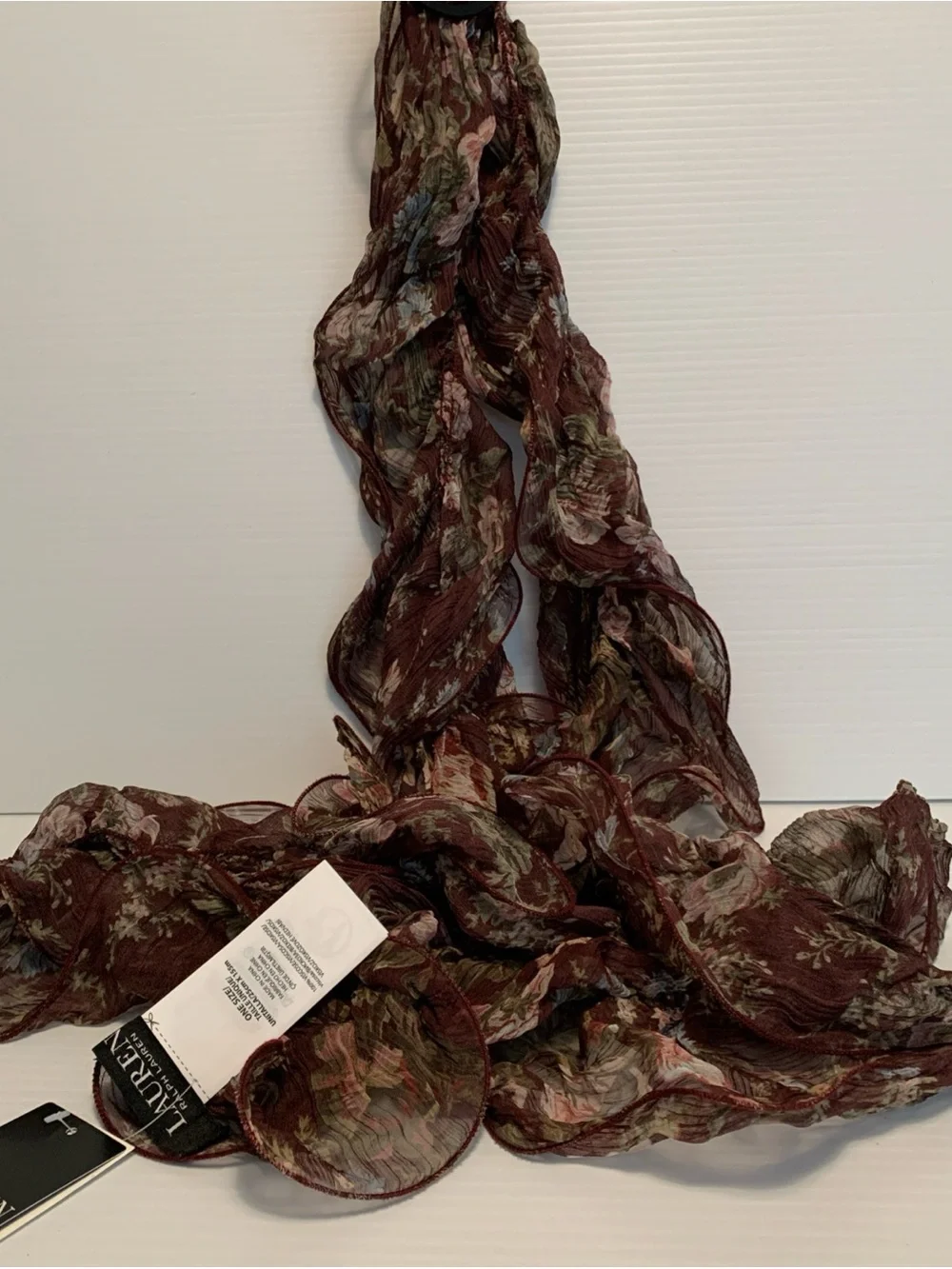 NWT Lauren Ralph Lauren Ruffle Scarf-Wine Burgundy Pinot Noir; 100% Viscose
